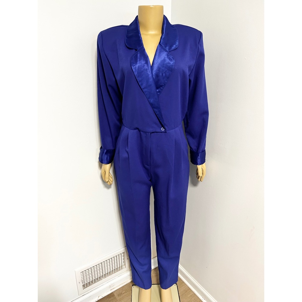 Vintage Joan Walters Royal Blue Satin Trim Jumpsuit 80s Power Suit Size 12